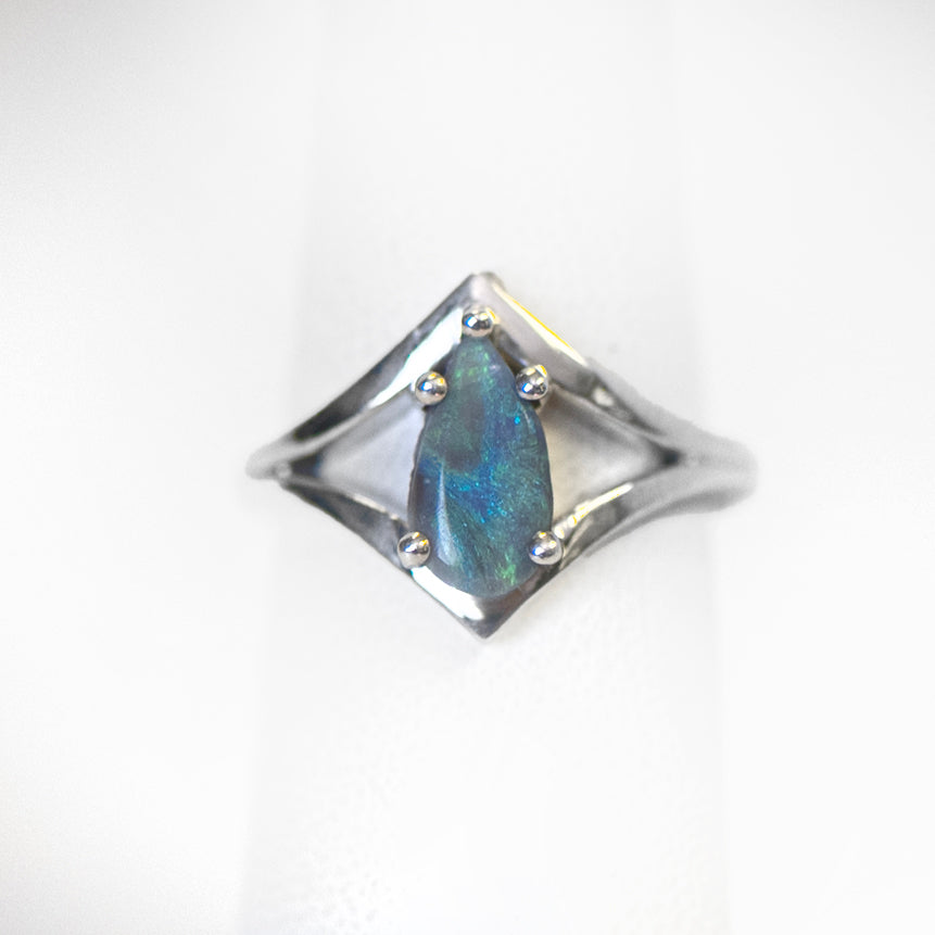 SS Pear Blue-Green Opal Ring