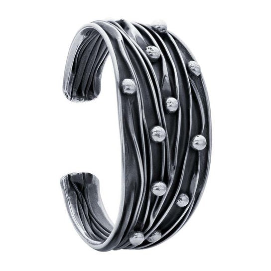 SS Cuff Bracelet with Corrugated & Oxidized With Beads