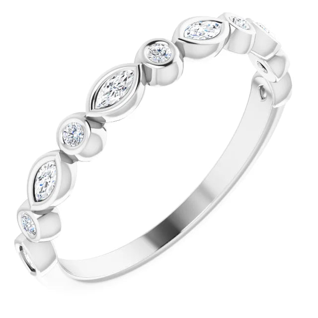 14K White Gold 1/5ctw Marquise and Round Natural Diamond Band
