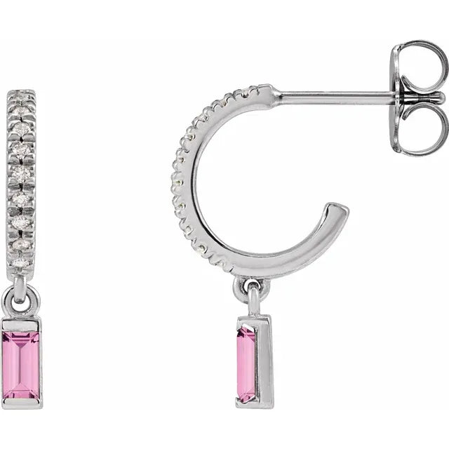 14K White Gold Pink Sapphire Baguette dangle Diamond Hoops