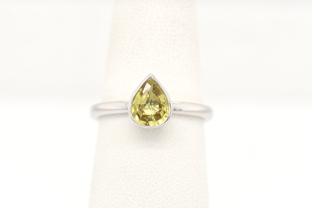 14k White Gold Pear Shaped 1.12ct Yellow Sapphire Bezel Set Ring