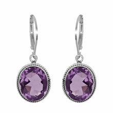 Load image into Gallery viewer, Sterling Silver 10x8mm Oval Bezel Amethyst Dangle Earrings
