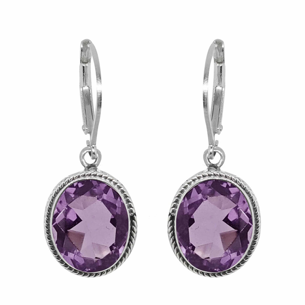 Sterling Silver 10x8mm Oval Bezel Amethyst Dangle Earrings
