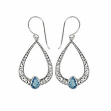 Load image into Gallery viewer, Sterling Silver Balinese Dangle Pear Blue Topaz Earrings
