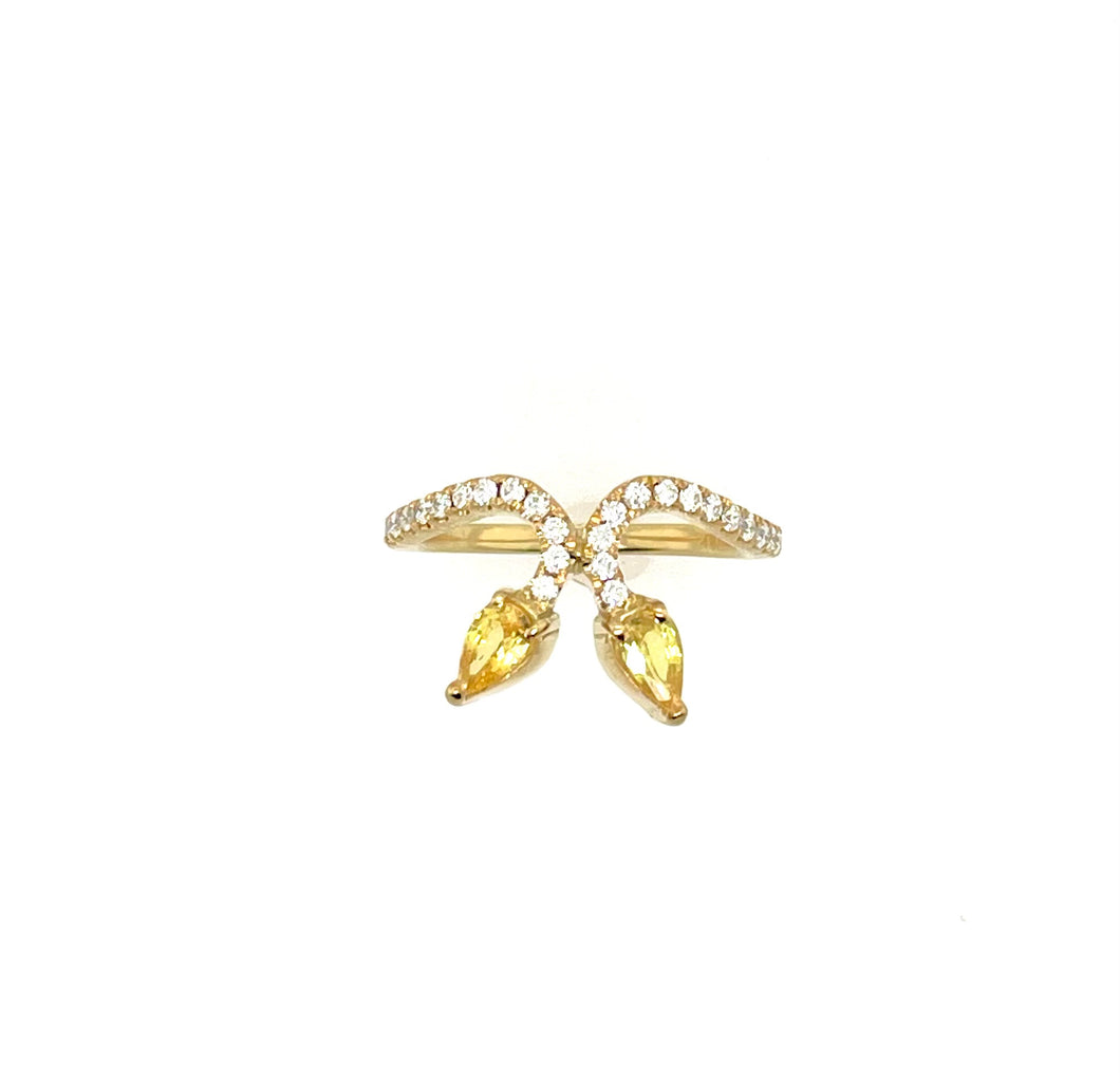 18K Yellow Gold Double Pear Yellow And White Diamond Ring