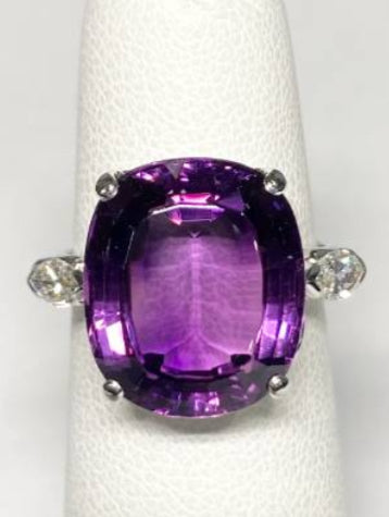 18KW 8.78ct Rectangular Cushion Amethyst Ring with 2 Marquise Diamonds