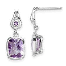 SS Amethyst Checkerboard Bezel set Dangle Earrings