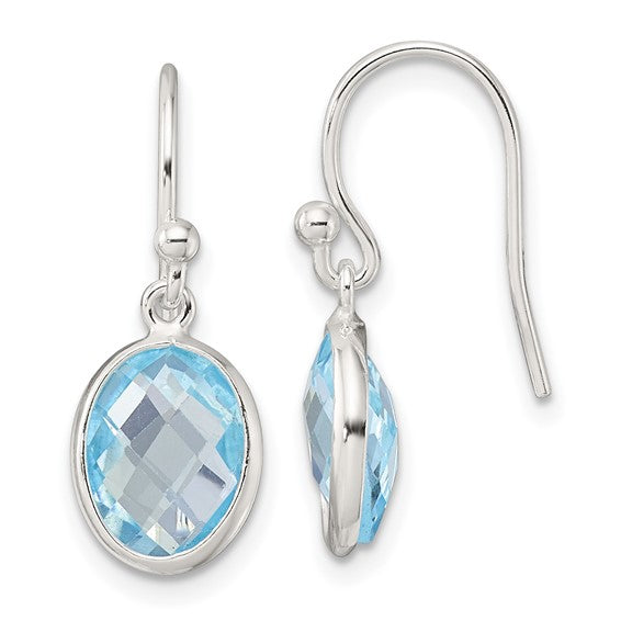 SS Polished Oval Blue Topaz Dangle Earrings