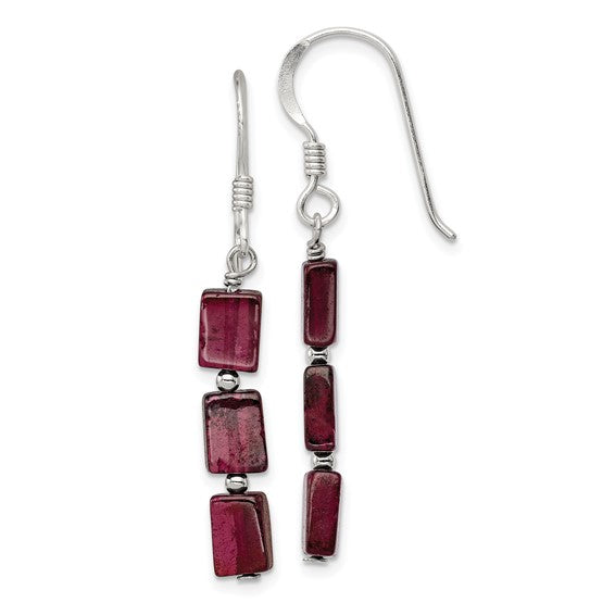 SS 3 Square Garnet Drop Earrings