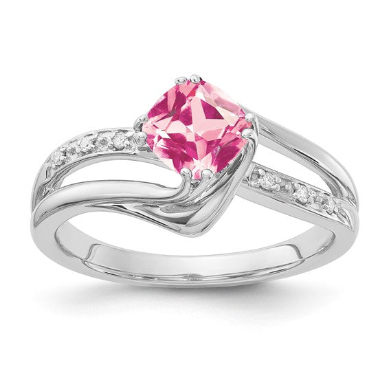 SS Square Created Pink Sapphire & Diamond Ring