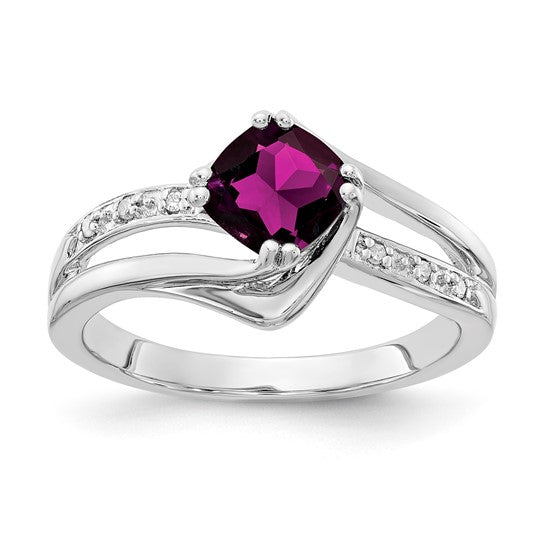 SS Square Rhodolite Garnet & Diamond Ring