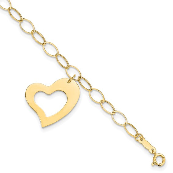 14K Yellow Gold Open Link with Heart Dangle Bracelet