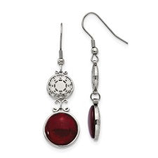 Stainless Steel Red Glass Dangle Earrings