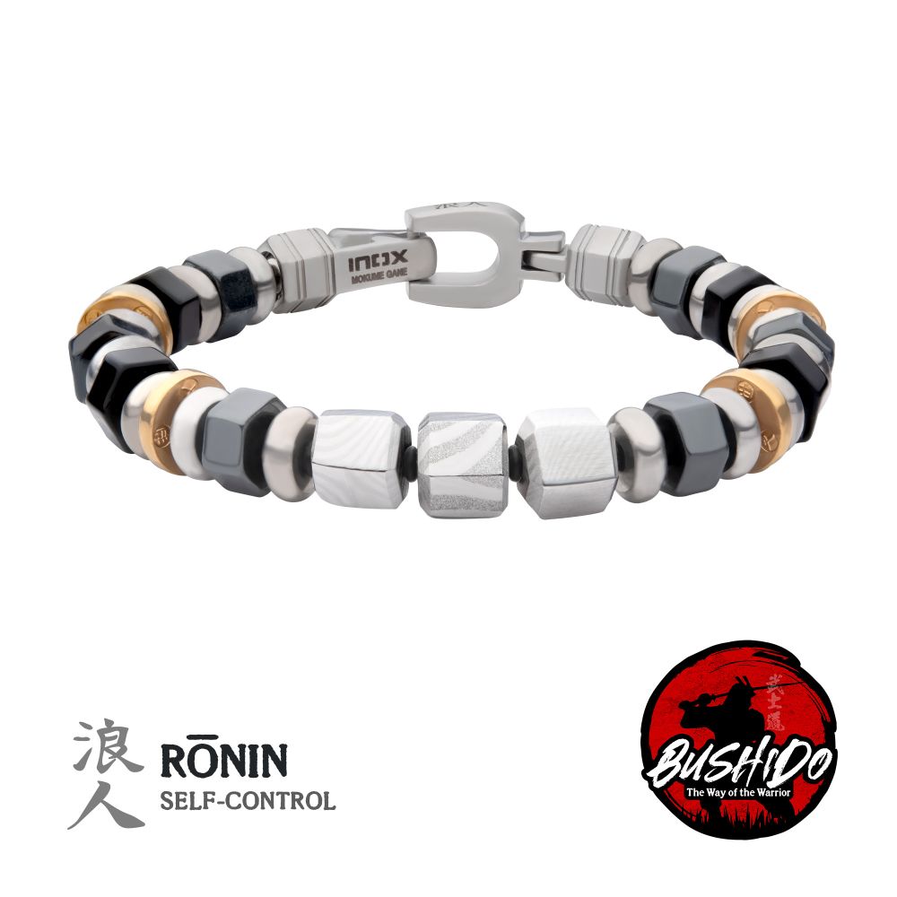 INOX Hematite, Onyx & Stainless Steel Beaded Bracelet- RONIN