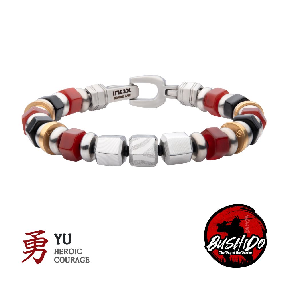INOX Red Agate, Onyx & Stainless Steel Beaded Bracelet- COURAGE