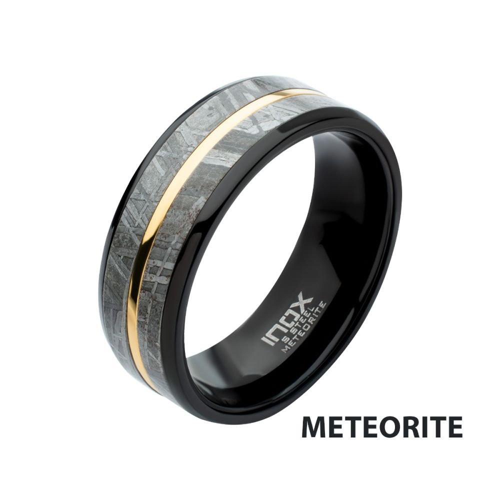 Meteorite Inlay Black IP Gold 8mm Comfort Fit Ring