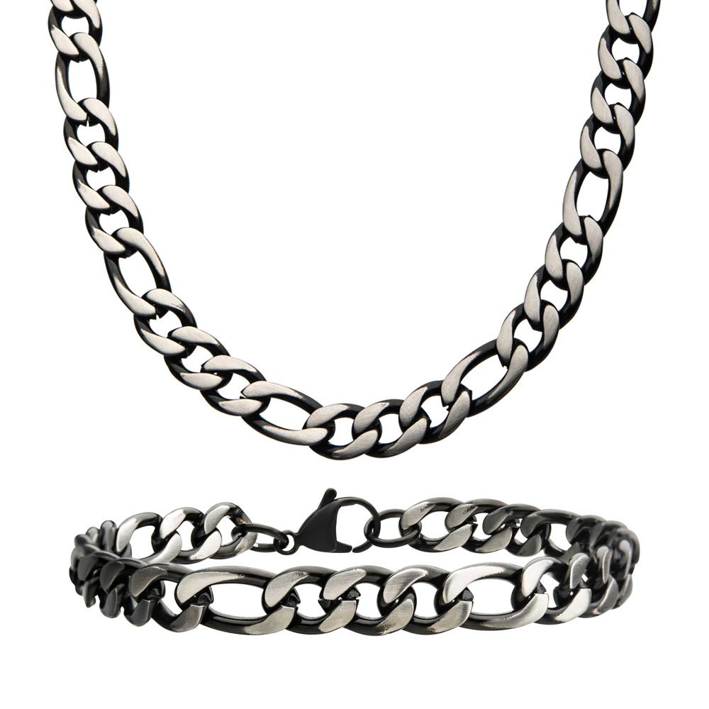 INOX 8mm Gun Metal Stainless Steel Figaro Chain Set