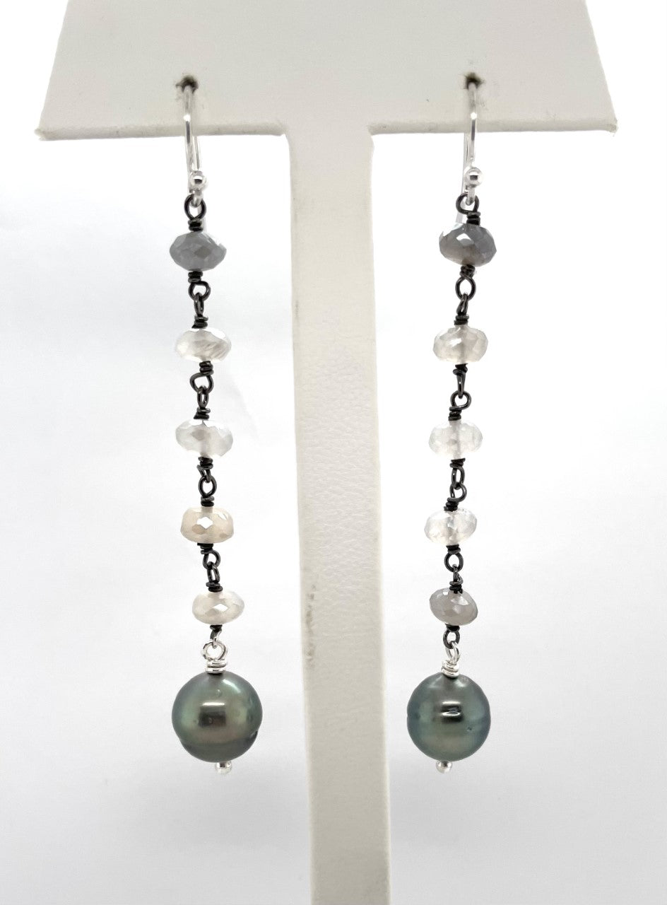 Sterling Silver Gray Moonstone and Tahitian Pearl Earrings